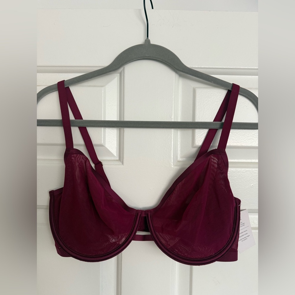 Auden Mesh Unlined Demi Bra 34DD NWT burgundy